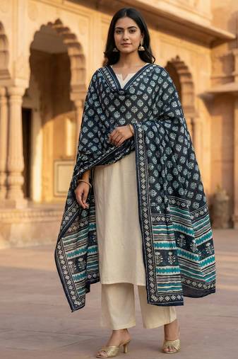 Printed raw cotton silk multi thred lace work stall dupatta
