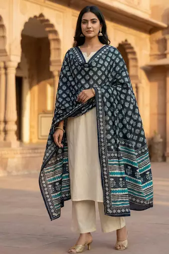 Printed raw cotton silk multi thred lace work stall dupatta