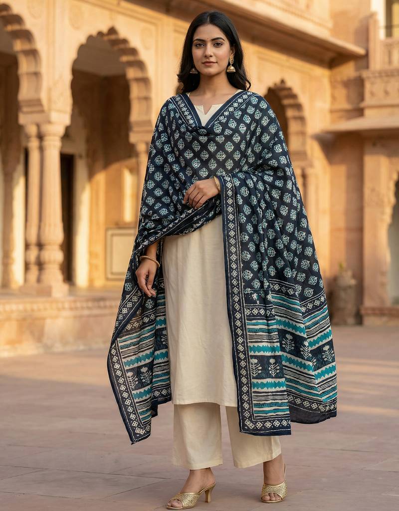 Printed raw cotton silk multi thred lace work stall dupatta