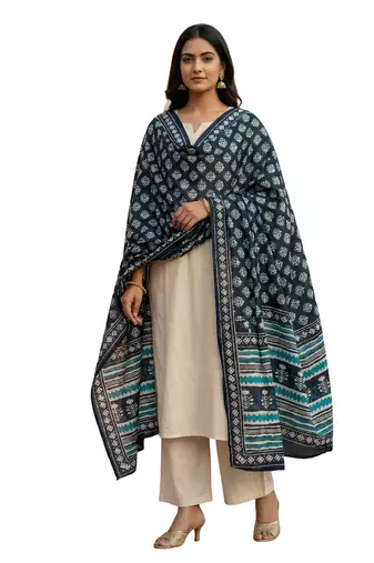 Printed raw cotton silk multi thred lace work stall dupatta