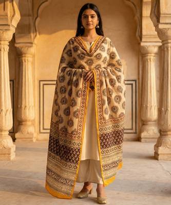 Printed raw cotton silk multi thred lace work stall dupatta 1