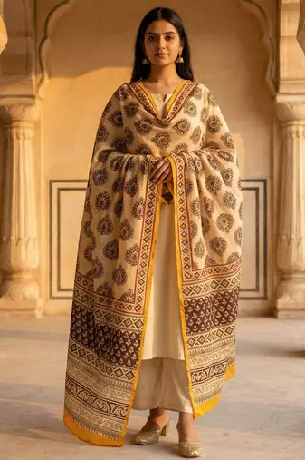 Printed raw cotton silk multi thred lace work stall dupatta