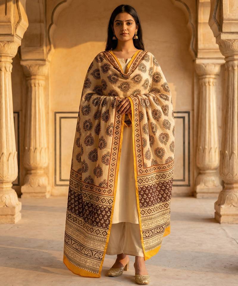 Printed raw cotton silk multi thred lace work stall dupatta