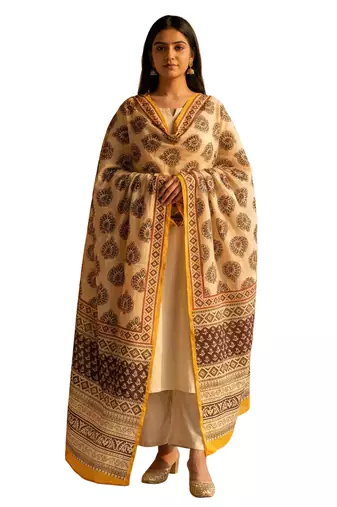 Printed raw cotton silk multi thred lace work stall dupatta