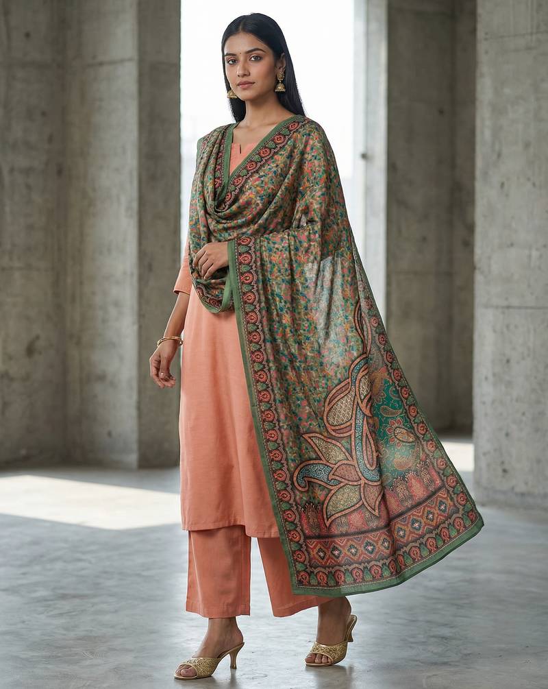 Printed raw cotton silk multi thred lace work stall dupatta