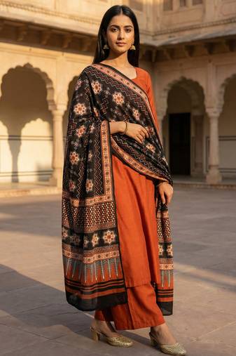 Printed raw cotton silk multi thred lace work stall dupatta