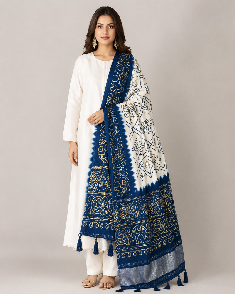 Pure gajji silk bandhani digital print dupatta with lagdi patta pallu with handwork (wedding special)