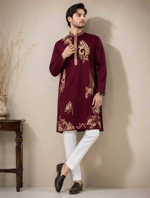 Maroon premium lachka embroidered kurta pajama set 1