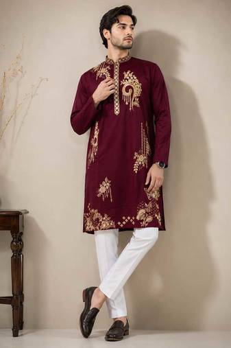 Maroon premium lachka embroidered kurta pajama set