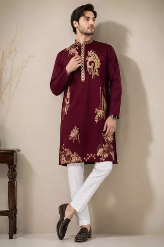Maroon premium lachka embroidered kurta pajama set