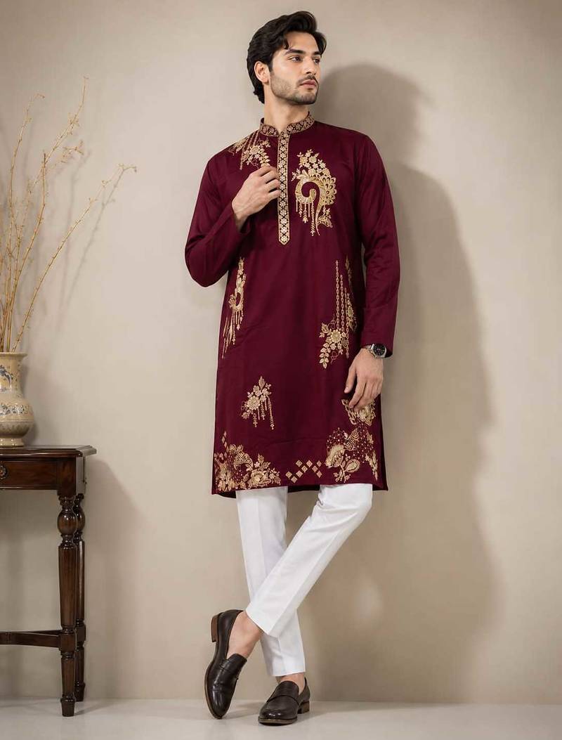 Maroon premium lachka embroidered kurta pajama set