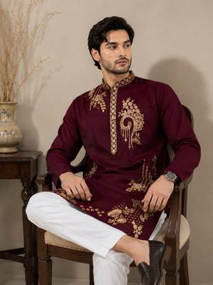 Maroon premium lachka embroidered kurta pajama set 2
