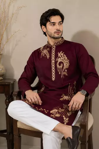 Maroon premium lachka embroidered kurta pajama set