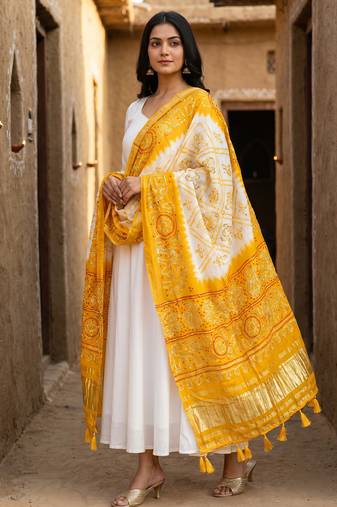 Pure gajji silk bandhani digital print dupatta with lagdi patta pallu with handwork (wedding special)