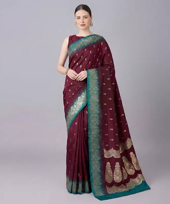 Maroon soft banarasi silk blend saree with zari weaving meenakari design 1