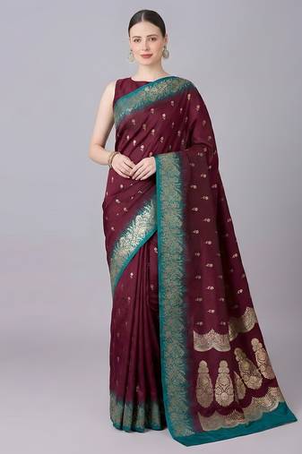 Maroon soft banarasi silk blend saree with zari weaving meenakari design