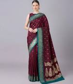 Maroon soft banarasi silk blend saree with zari weaving meenakari design