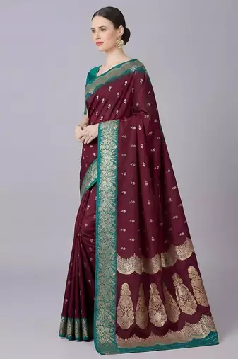 Maroon soft banarasi silk blend saree with zari weaving meenakari design