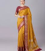 Yellow soft banarasi silk blend saree with zari weaving meenakari design