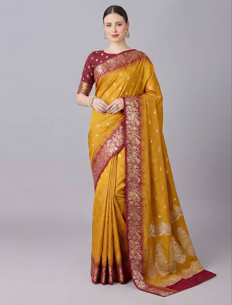 Yellow soft banarasi silk blend saree with zari weaving meenakari design