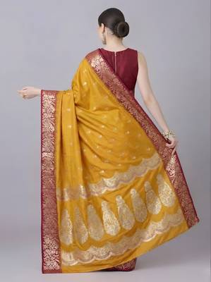 Yellow soft banarasi silk blend saree with zari weaving meenakari design 2