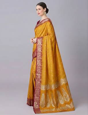 Yellow soft banarasi silk blend saree with zari weaving meenakari design 3