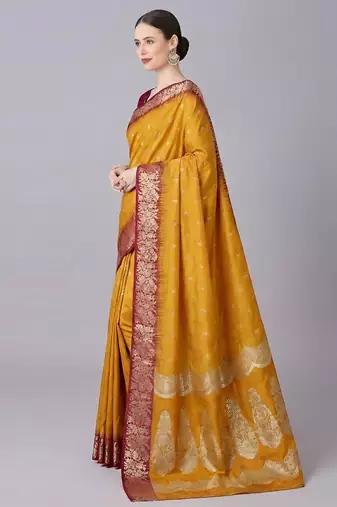 Yellow soft banarasi silk blend saree with zari weaving meenakari design