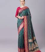 Teal  soft banarasi silk blend saree with zari weaving meenakari design