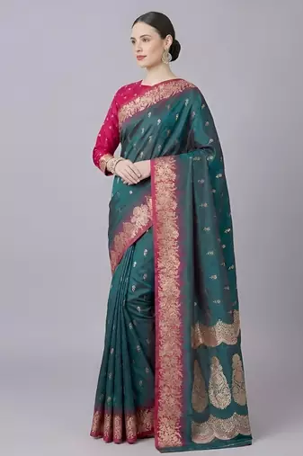 Teal  soft banarasi silk blend saree with zari weaving meenakari design