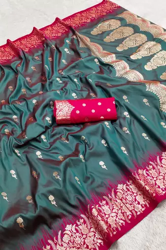 Teal  soft banarasi silk blend saree with zari weaving meenakari design