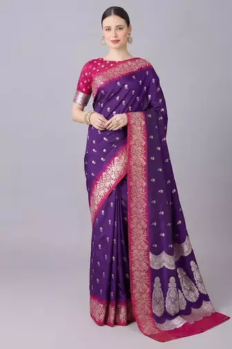 Purple soft banarasi silk blend saree with zari weaving meenakari design