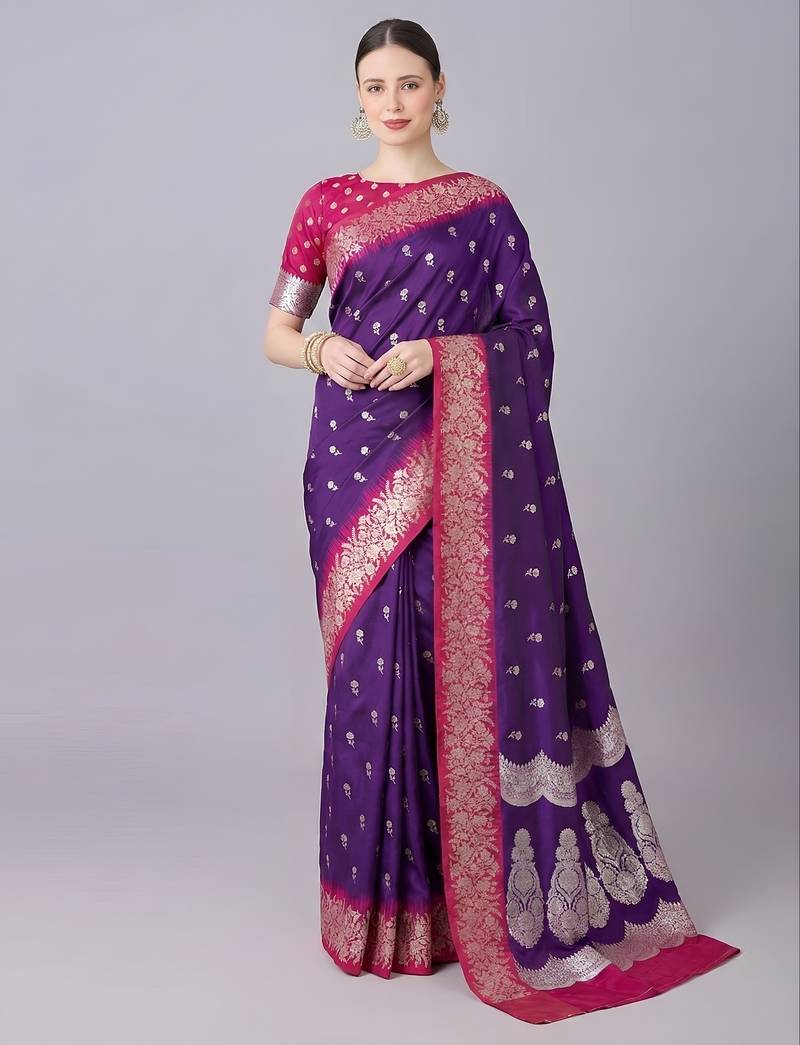 Purple soft banarasi silk blend saree with zari weaving meenakari design