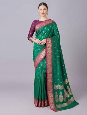 Green soft banarasi silk blend saree with zari weaving meenakari design 1