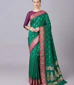 Green soft banarasi silk blend saree with zari weaving meenakari design