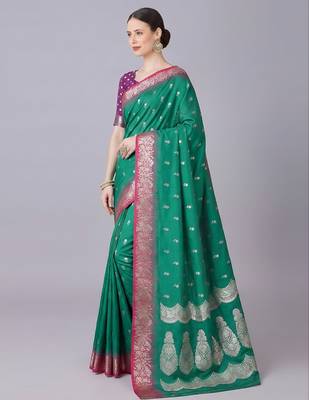 Green soft banarasi silk blend saree with zari weaving meenakari design 2