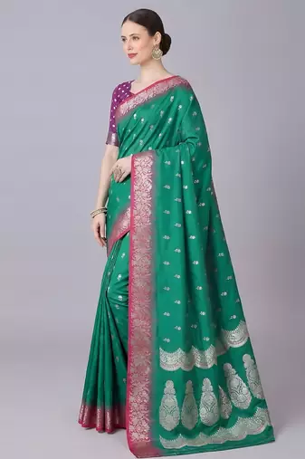 Green soft banarasi silk blend saree with zari weaving meenakari design
