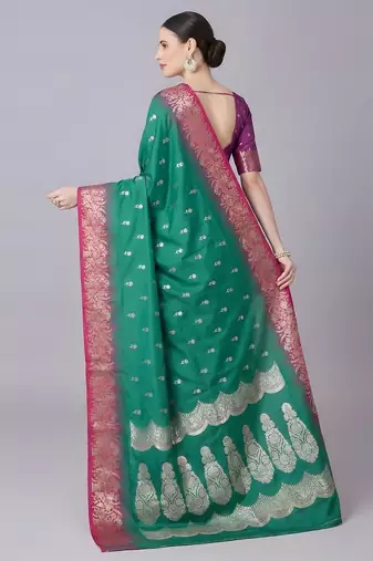 Green soft banarasi silk blend saree with zari weaving meenakari design
