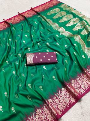 Green soft banarasi silk blend saree with zari weaving meenakari design 4