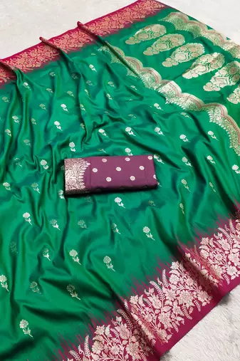 Green soft banarasi silk blend saree with zari weaving meenakari design