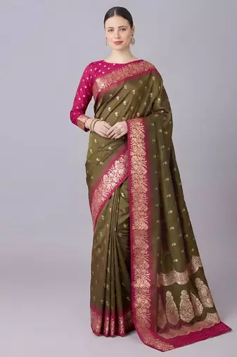 Mahendi soft banarasi  silk blend saree with zari weaving meenakari design