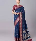 Blue soft banarasi silk blend saree with zari weaving meenakari design
