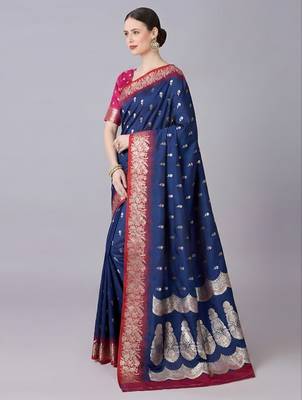 Blue soft banarasi silk blend saree with zari weaving meenakari design 2