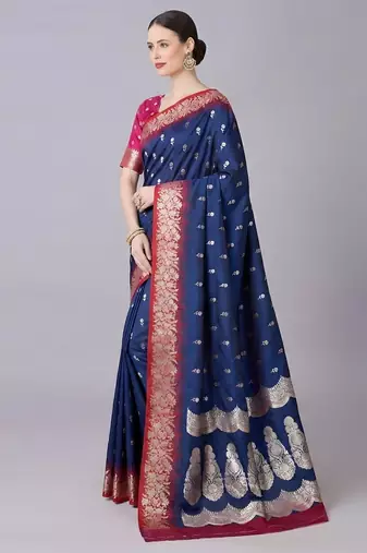 Blue soft banarasi silk blend saree with zari weaving meenakari design