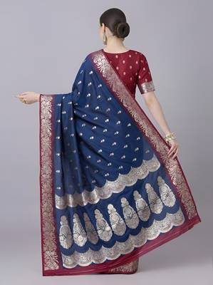 Blue soft banarasi silk blend saree with zari weaving meenakari design 3