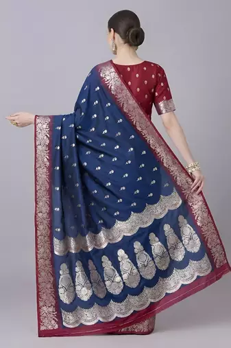 Blue soft banarasi silk blend saree with zari weaving meenakari design