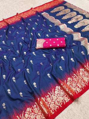 Blue soft banarasi silk blend saree with zari weaving meenakari design 4