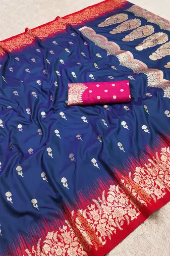 Blue soft banarasi silk blend saree with zari weaving meenakari design