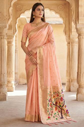 Baby pink soft organza silk blend fabric with paithani style lightweight saree with blouse