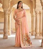 Baby pink soft organza silk blend fabric with paithani style lightweight saree with blouse