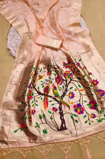 Baby pink soft organza silk blend fabric with paithani style lightweight saree with blouse